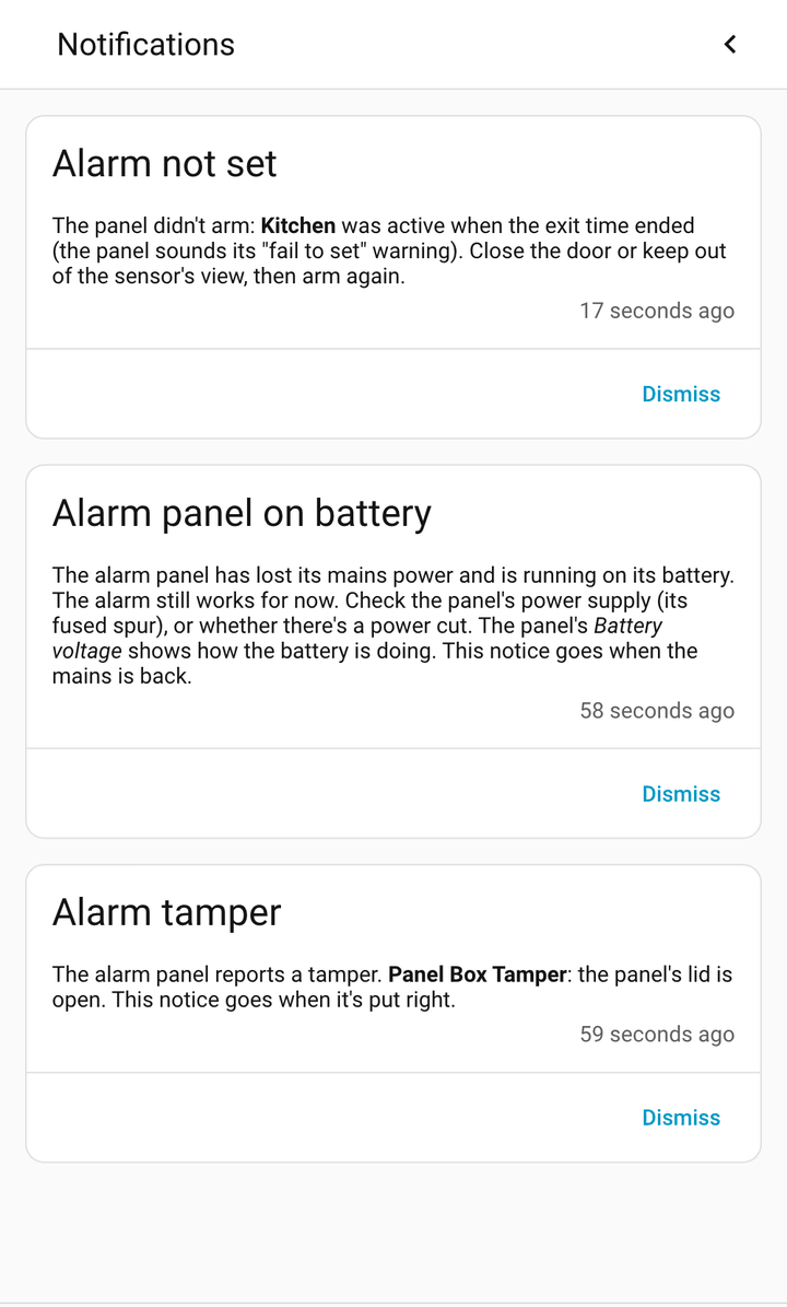 Three Home Assistant notifications: Alarm not set, because Kitchen was active when the exit time ended; Alarm panel on battery; and Alarm tamper, because the panel's lid is open