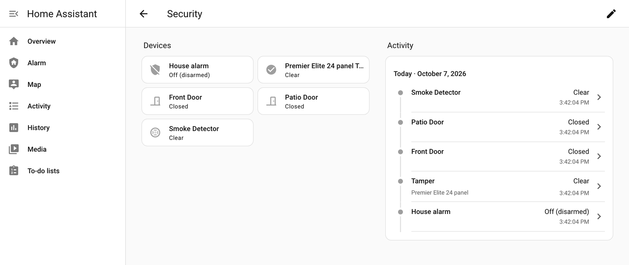 Home Assistant's own Security page listing the house alarm, the panel's tamper, the front and patio doors and a smoke detector, with their recent activity